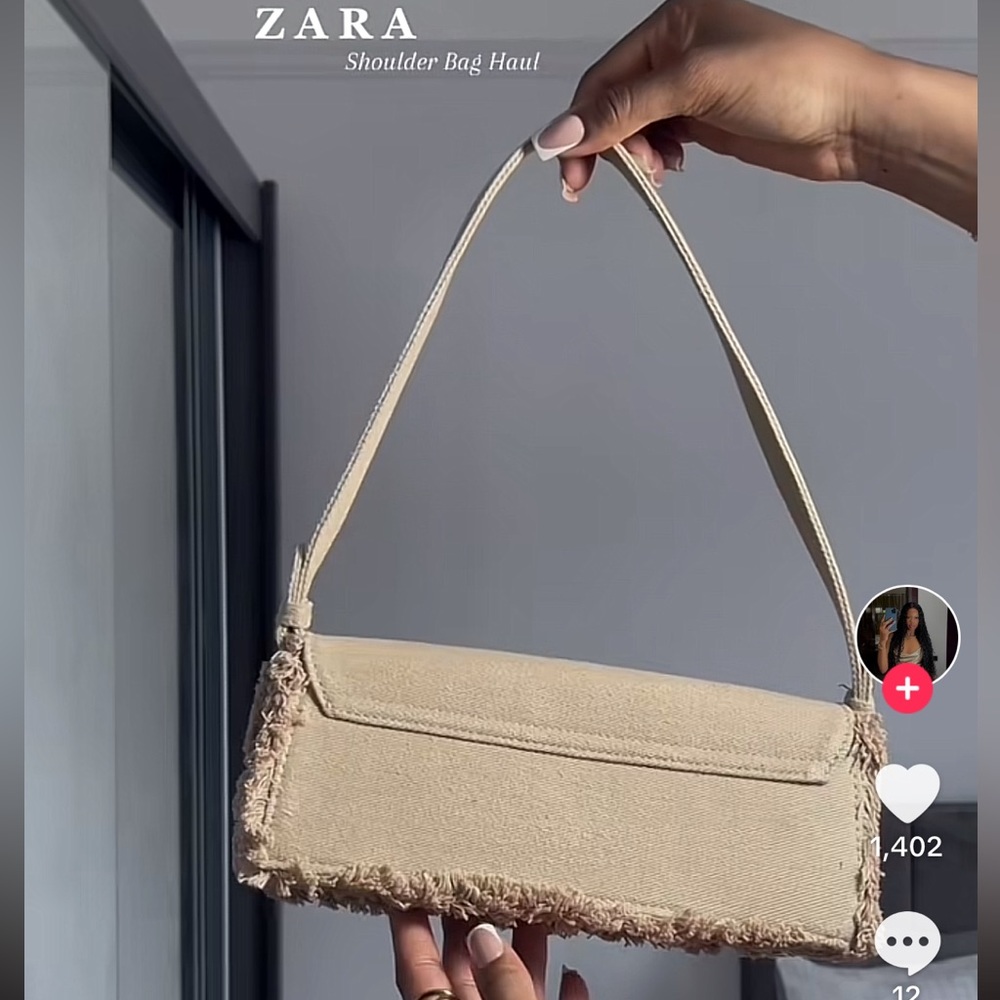 Zara Beige Tan Neutral Fabric shoulder Bag Handbag frayed trim Magnetic flap NWT - Picture 6 of 15